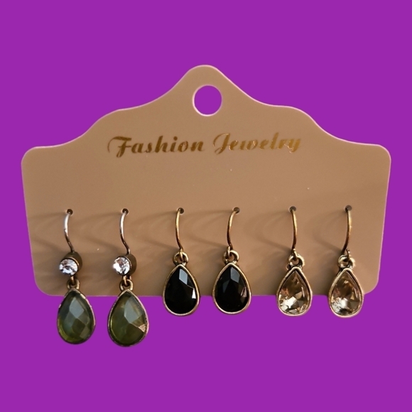 Vintage Three Pair Glass Prism Teardrop Old Hollywood Dangle Hook Earrings - Picture 1 of 4